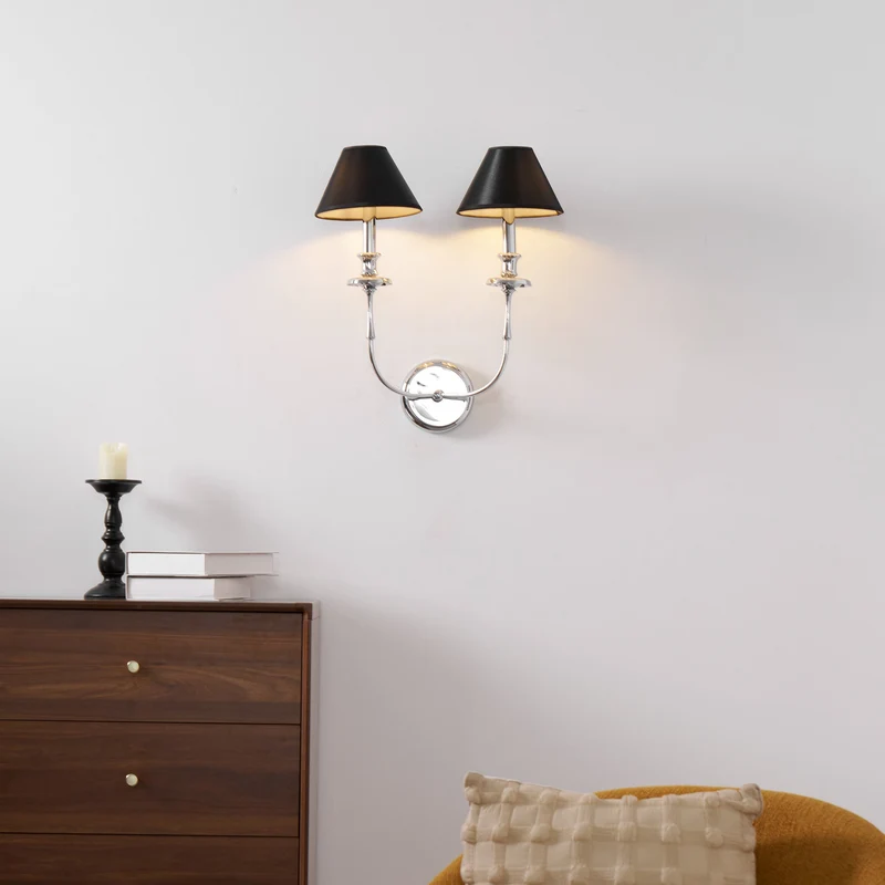 Moderne Wandlamp met Zwarte Stoffen Kap in Messing, Nikkel of Zwart – 1 of 2 Lichtpunten Design Verlichting | Sansoti
