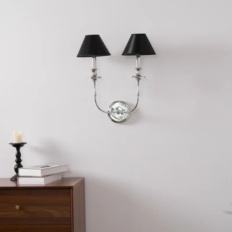 Moderne Wandlamp met Zwarte Stoffen Kap in Messing, Nikkel of Zwart – 1 of 2 Lichtpunten Design Verlichting | Sansoti