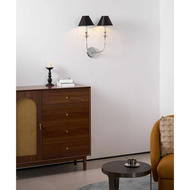 Moderne Wandlamp met Zwarte Stoffen Kap in Messing, Nikkel of Zwart – 1 of 2 Lichtpunten Design Verlichting | Sansoti