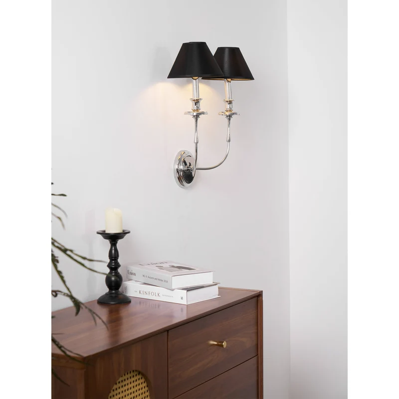 Moderne Wandlamp met Zwarte Stoffen Kap in Messing, Nikkel of Zwart – 1 of 2 Lichtpunten Design Verlichting | Sansoti