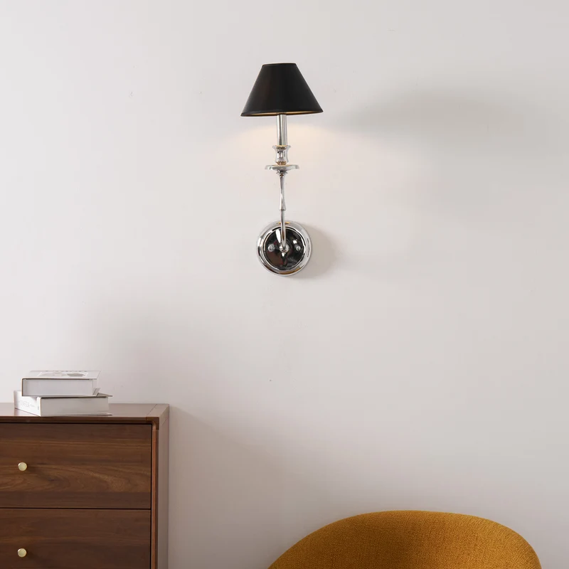 Moderne Wandlamp met Zwarte Stoffen Kap in Messing, Nikkel of Zwart – 1 of 2 Lichtpunten Design Verlichting | Sansoti