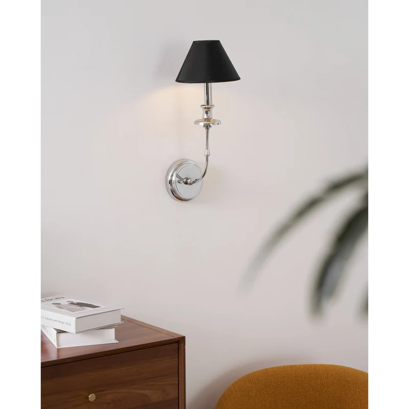 Moderne Wandlamp met Zwarte Stoffen Kap in Messing, Nikkel of Zwart – 1 of 2 Lichtpunten Design Verlichting | Sansoti