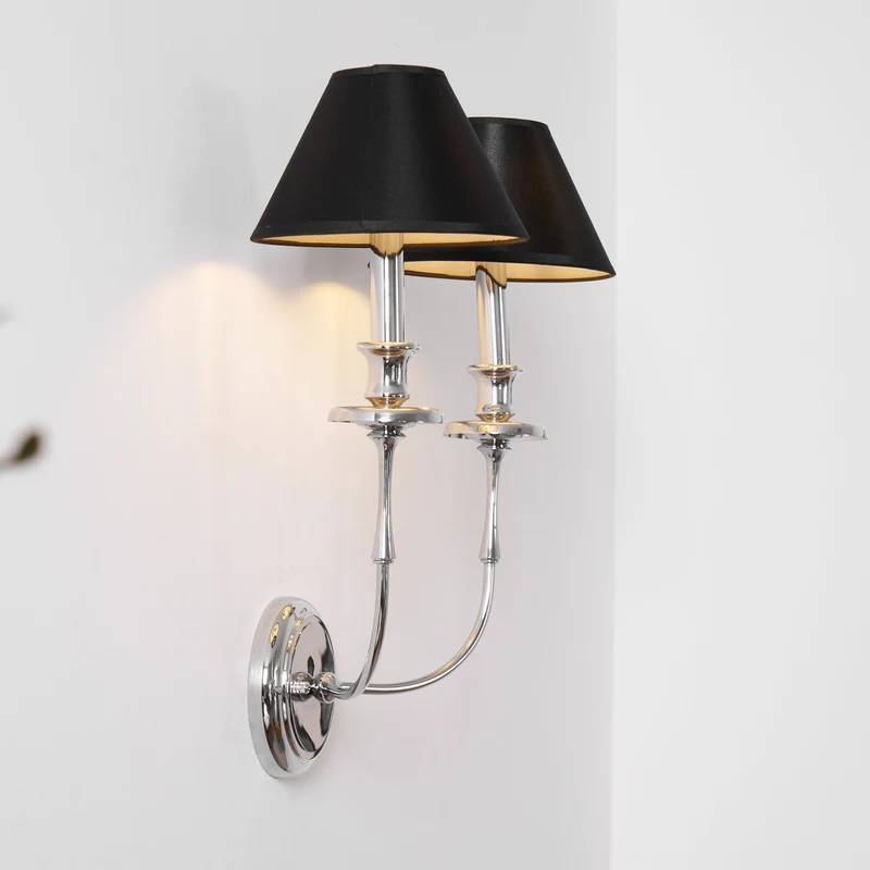Moderne Wandlamp met Zwarte Stoffen Kap in Messing, Nikkel of Zwart – 1 of 2 Lichtpunten Design Verlichting | Sansoti