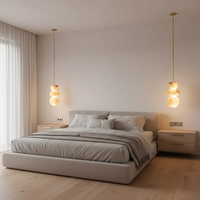 Alabaster Hanglamp met Messing Armatuur en Geïntegreerde LED – Luxe Natuurstenen Design Verlichting | Sansoti