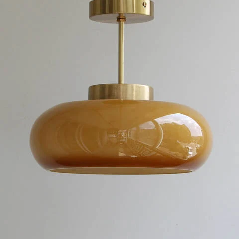 Vintage Plafondlamp van Geel Glas met Messing | Semi-Flush LED Plafondverlichting | Sansoti