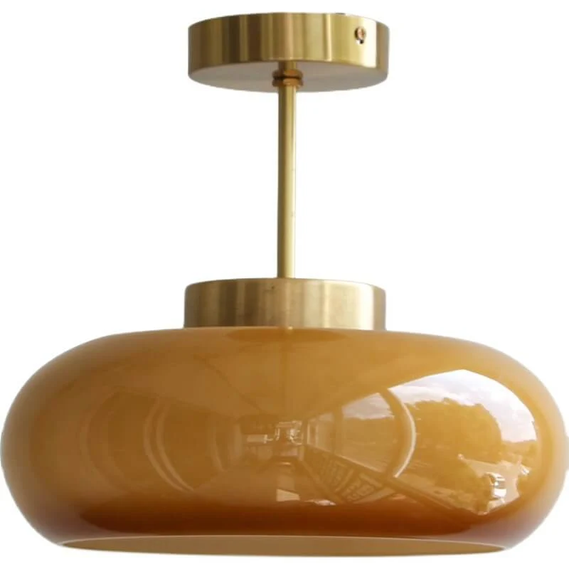 Vintage Plafondlamp van Geel Glas met Messing | Semi-Flush LED Plafondverlichting | Sansoti