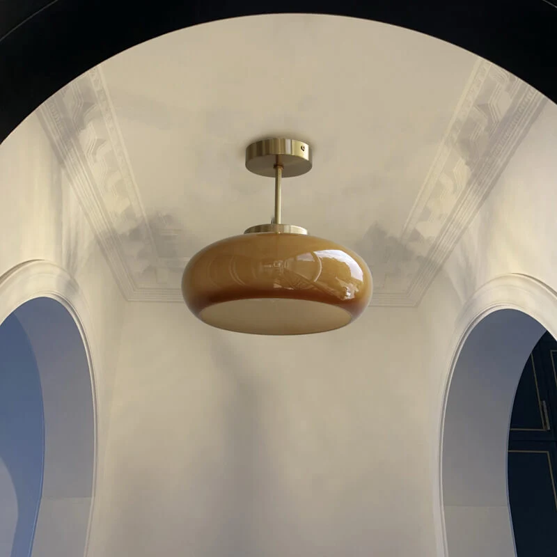 Vintage Plafondlamp van Geel Glas met Messing | Semi-Flush LED Plafondverlichting | Sansoti
