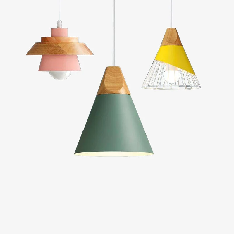 Scandinavische Houten Metalen Hanglamp Nordic Design Gekleurde Aluminium Kegel Of Koepel Plafondlamp Met Verstelbaar Snoer | Sansoti