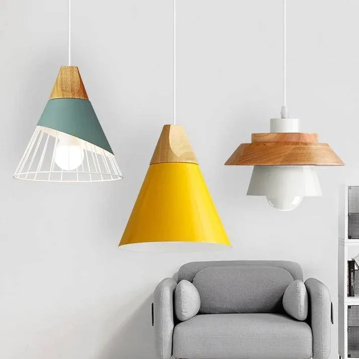 Scandinavische Houten Metalen Hanglamp Nordic Design Gekleurde Aluminium Kegel Of Koepel Plafondlamp Met Verstelbaar Snoer | Sansoti