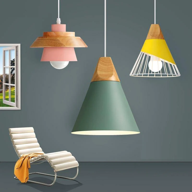 Scandinavische Houten Metalen Hanglamp Nordic Design Gekleurde Aluminium Kegel Of Koepel Plafondlamp Met Verstelbaar Snoer | Sansoti