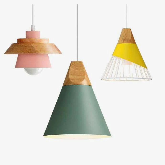 Scandinavische Houten Metalen Hanglamp Nordic Design Gekleurde Aluminium Kegel Of Koepel Plafondlamp Met Verstelbaar Snoer | Sansoti