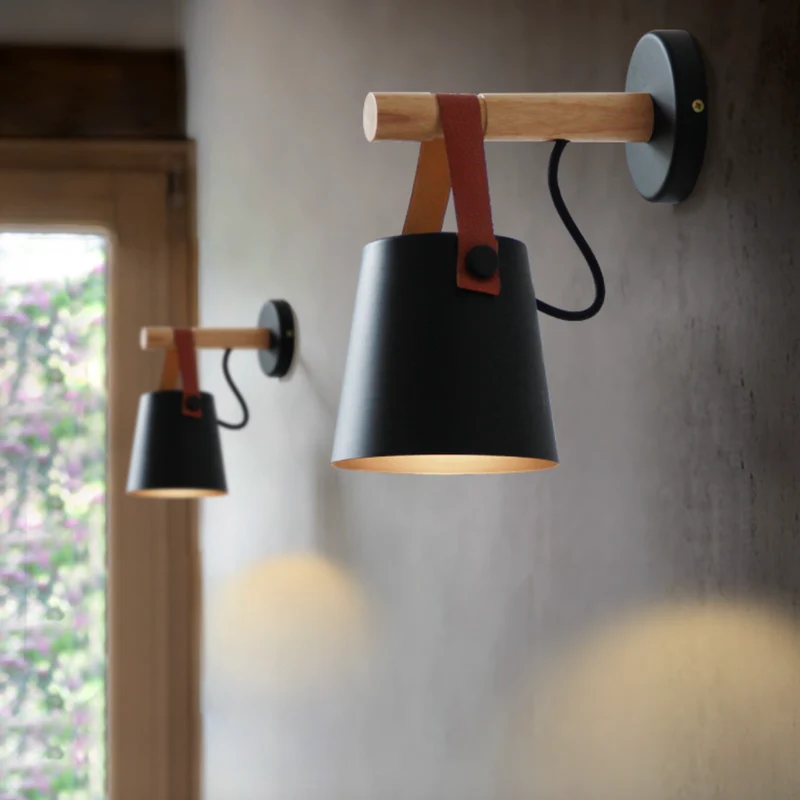 Scandinavische Houten Wandlamp Met Metalen Kap En Leren Band Moderne Design Wandverlichting Voor Slaapkamer Woonkamer Hal Met E27 Fitting | Sansoti