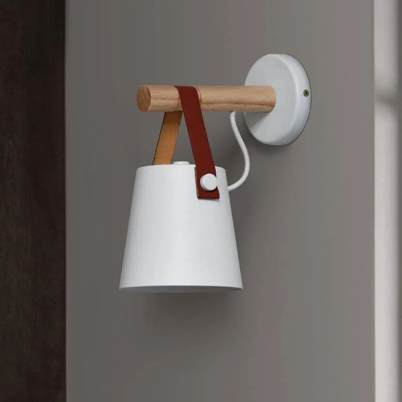 Scandinavische Houten Wandlamp Met Metalen Kap En Leren Band Moderne Design Wandverlichting Voor Slaapkamer Woonkamer Hal Met E27 Fitting | Sansoti