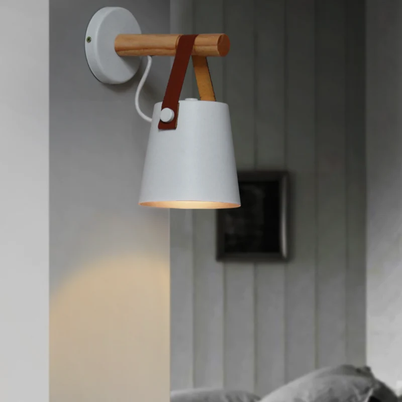 Scandinavische Houten Wandlamp Met Metalen Kap En Leren Band Moderne Design Wandverlichting Voor Slaapkamer Woonkamer Hal Met E27 Fitting | Sansoti