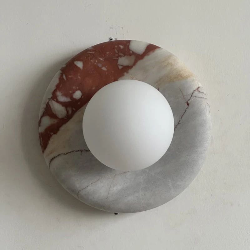Ronde Design Wandlamp Met Marmeren Achterplaat En Glazen Bol Voor Hal En Slaapkamer | Sansoti