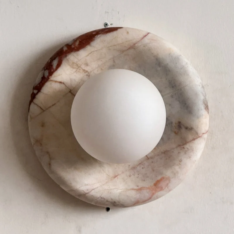 Ronde Design Wandlamp Met Marmeren Achterplaat En Glazen Bol Voor Hal En Slaapkamer | Sansoti