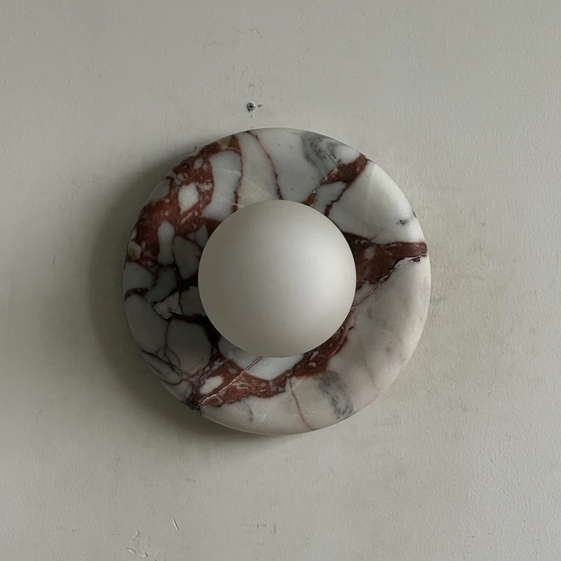 Ronde Design Wandlamp Met Marmeren Achterplaat En Glazen Bol Voor Hal En Slaapkamer | Sansoti