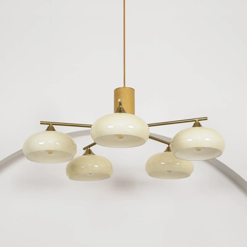 Ovale Design Kroonluchter Met Glazen Kappen En Messing Details Voor Woonkamer En Eetkamer | Sansoti