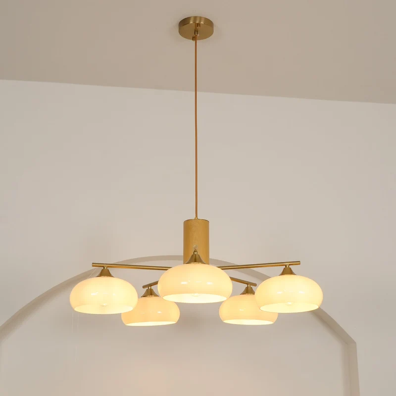 Ovale Design Kroonluchter Met Glazen Kappen En Messing Details Voor Woonkamer En Eetkamer | Sansoti