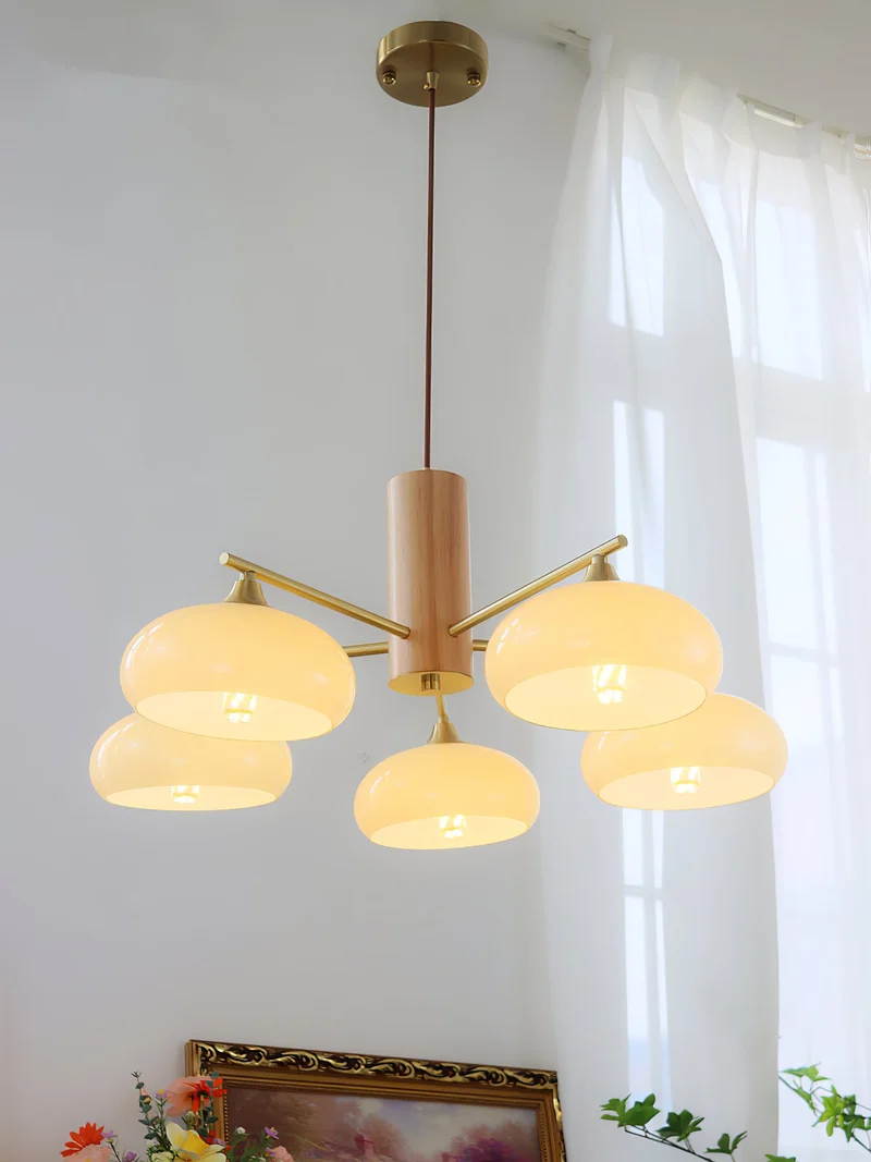 Ovale Design Kroonluchter Met Glazen Kappen En Messing Details Voor Woonkamer En Eetkamer | Sansoti