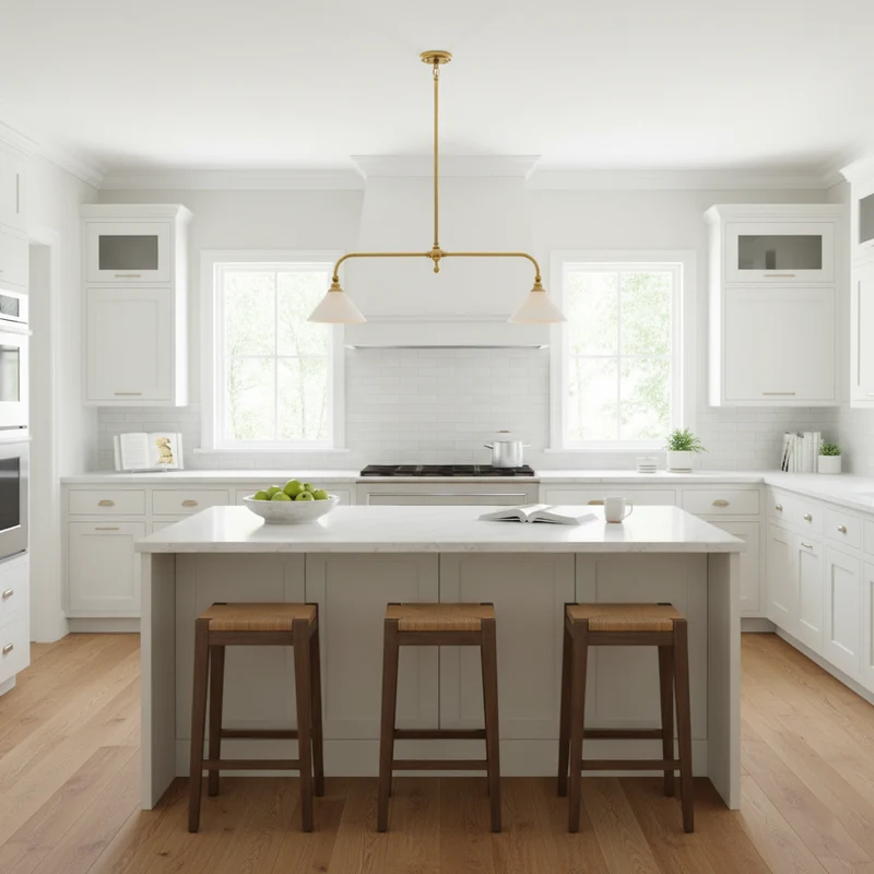 Luxe Design Hanglamp Met Witte Glazen Kappen Voor Eettafel En Keukeneiland In Messing Afwerking | Sansoti