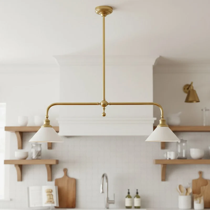 Luxe Design Hanglamp Met Witte Glazen Kappen Voor Eettafel En Keukeneiland In Messing Afwerking | Sansoti