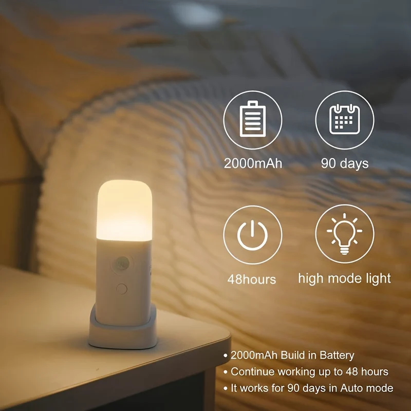 LED Nachtlamp Bewegingssensor USB-oplaadbaar 2000mAh wit slaapkamer gang dimbaar draadloos lampje | Sansoti