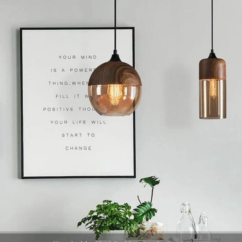Hanglamp Glas Metaal Houtlook E27 Verstelbaar Woonkamer Eetkamer Slaapkamer Scandinavische Design Lamp Binnenverlichting | Sansoti
