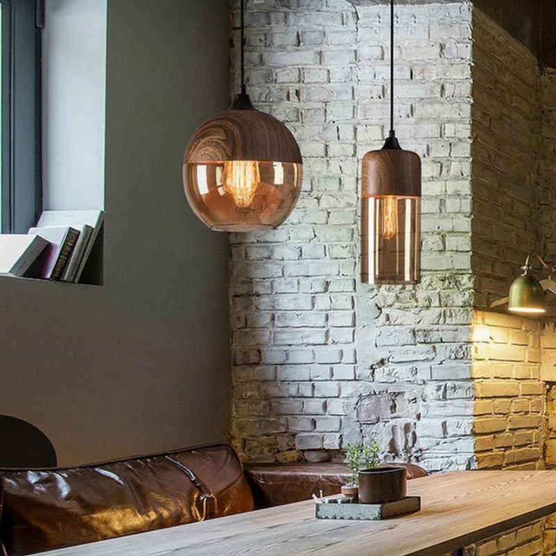 Hanglamp Glas Metaal Houtlook E27 Verstelbaar Woonkamer Eetkamer Slaapkamer Scandinavische Design Lamp Binnenverlichting | Sansoti