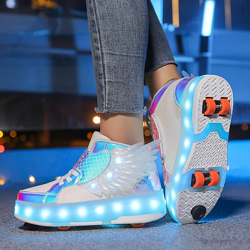 Rolschaats Sneakers USB Oplaadbaar Roze met Vleugels Kinderen Tieners Lichtgevende Skeelerschoenen LED Sneakers met Wielen voor Buiten | Sansoti