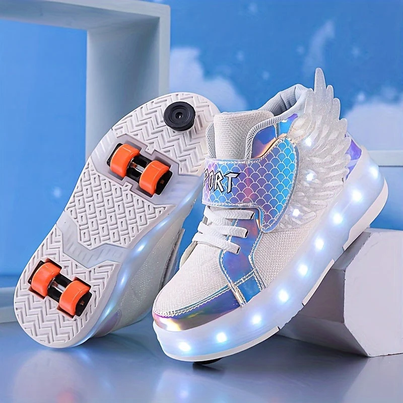 Rolschaats Sneakers USB Oplaadbaar Roze met Vleugels Kinderen Tieners Lichtgevende Skeelerschoenen LED Sneakers met Wielen voor Buiten | Sansoti