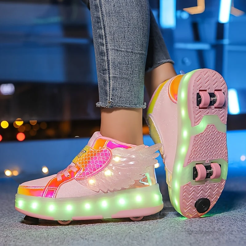 Rolschaats Sneakers USB Oplaadbaar Roze met Vleugels Kinderen Tieners Lichtgevende Skeelerschoenen LED Sneakers met Wielen voor Buiten | Sansoti