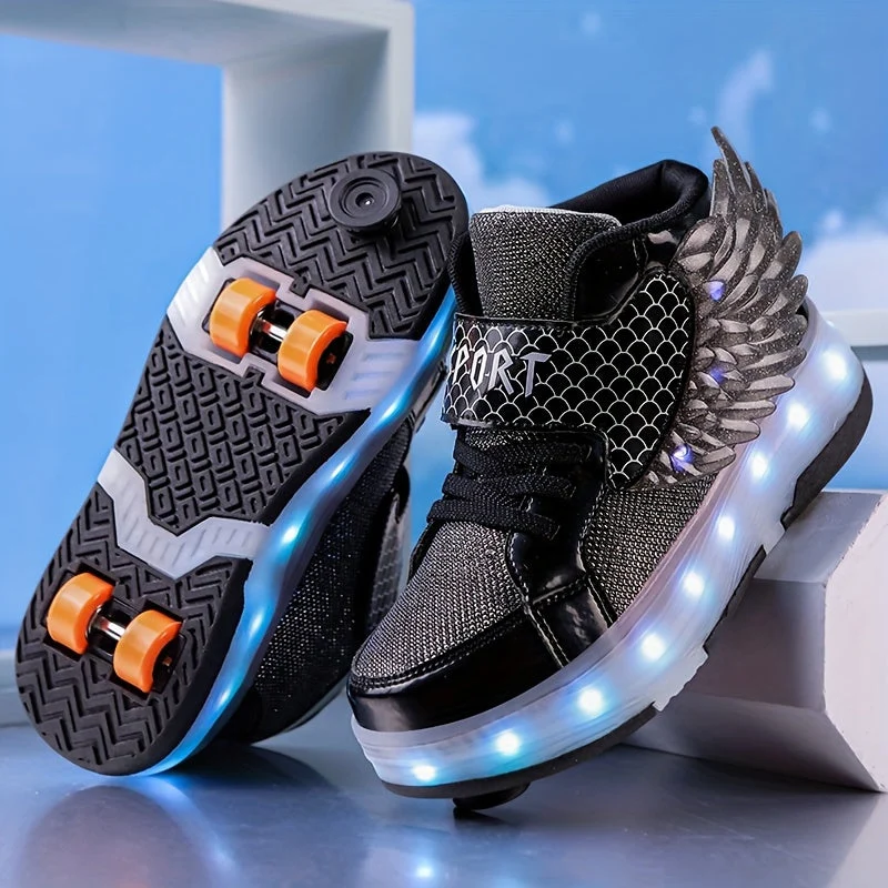 Rolschaats Sneakers USB Oplaadbaar Roze met Vleugels Kinderen Tieners Lichtgevende Skeelerschoenen LED Sneakers met Wielen voor Buiten | Sansoti