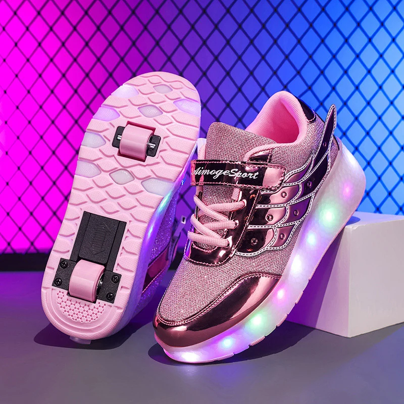 Rolschaats Sneakers USB Oplaadbaar Roze met Vleugels Kinderen Tieners Lichtgevende Skeelerschoenen LED Sneakers met Wielen voor Buiten | Sansoti