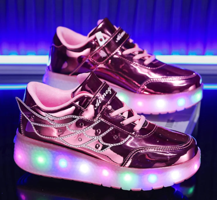 Rolschaats Sneakers USB Oplaadbaar Roze met Vleugels Kinderen Tieners Lichtgevende Skeelerschoenen LED Sneakers met Wielen voor Buiten | Sansoti
