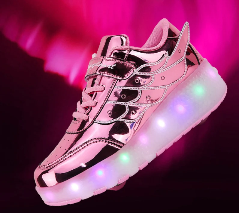 Rolschaats Sneakers USB Oplaadbaar Roze met Vleugels Kinderen Tieners Lichtgevende Skeelerschoenen LED Sneakers met Wielen voor Buiten | Sansoti