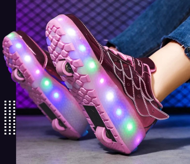 Rolschaats Sneakers USB Oplaadbaar Roze met Vleugels Kinderen Tieners Lichtgevende Skeelerschoenen LED Sneakers met Wielen voor Buiten | Sansoti