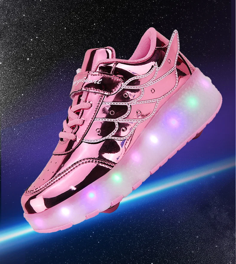 Rolschaats Sneakers USB Oplaadbaar Roze met Vleugels Kinderen Tieners Lichtgevende Skeelerschoenen LED Sneakers met Wielen voor Buiten | Sansoti