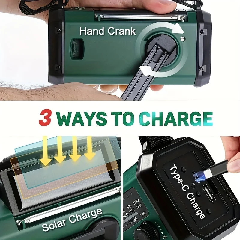 Noodradio 10000mAh zonnepaneel handcrank USB-C zaklamp powerbank AM FM weerband SOS kompas | Sansoti