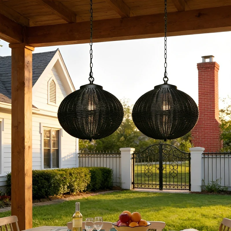 Hanglamp Buiten Rotan Zwart E27 Tuin Retro Ronde Buitenlamp Verstelbaar Snoer Patio Veranda Buitenverlichting Landelijk | Sansoti