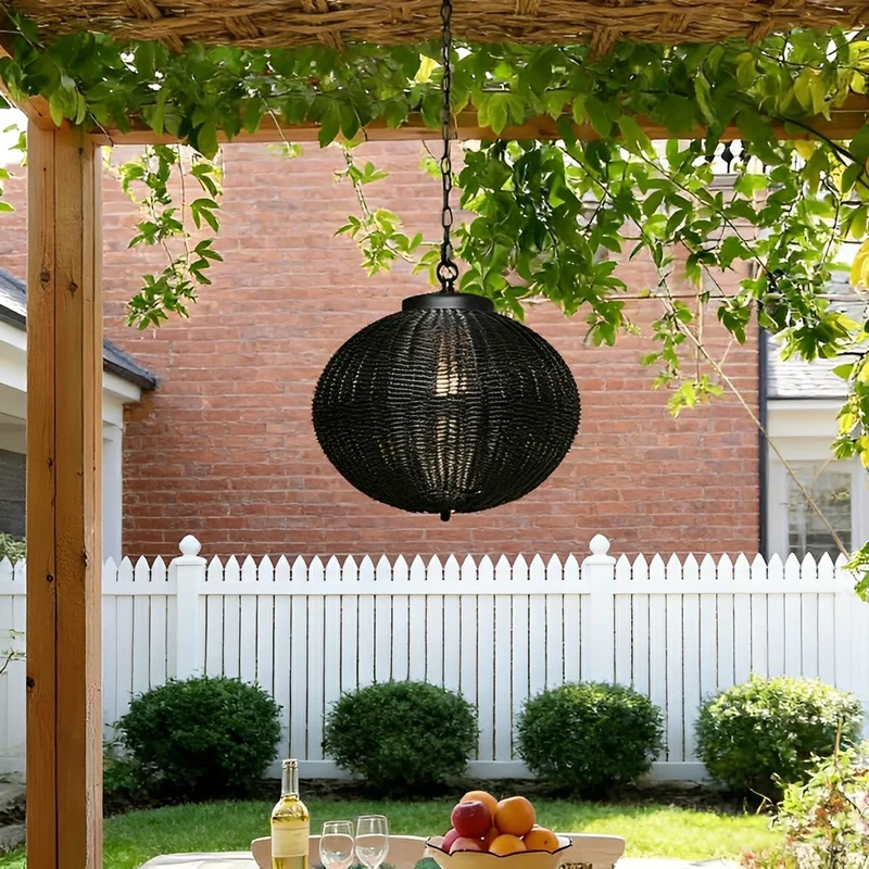 Hanglamp Buiten Rotan Zwart E27 Tuin Retro Ronde Buitenlamp Verstelbaar Snoer Patio Veranda Buitenverlichting Landelijk | Sansoti