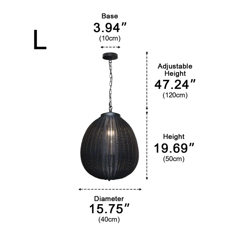 Hanglamp Buiten Rotan Zwart E27 Tuin Retro Ronde Buitenlamp Verstelbaar Snoer Patio Veranda Buitenverlichting Landelijk | Sansoti
