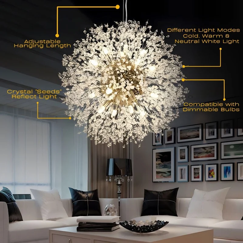 Moderne Kristallen Paardenbloem Kroonluchter Met G9 LED En Luxe Metaal Afwerking | Sansoti