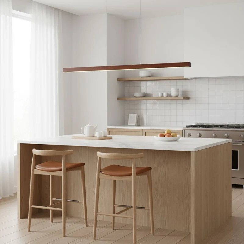 LED Hanglamp Hout Lineair Warm Licht Eettafel Kookeiland Minimalistisch Japandi Design Verstelbaar Snoer Balklamp | Sansoti
