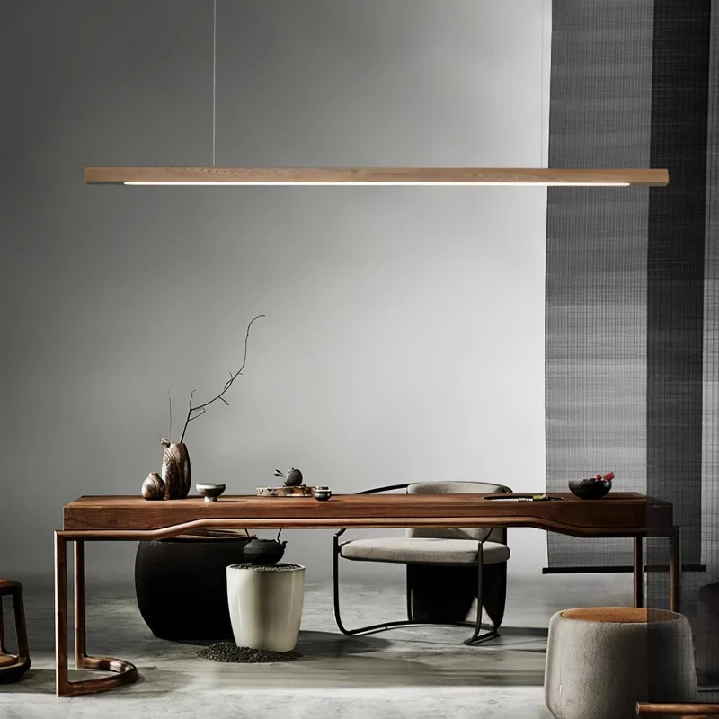 LED Hanglamp Hout Lineair Warm Licht Eettafel Kookeiland Minimalistisch Japandi Design Verstelbaar Snoer Balklamp | Sansoti