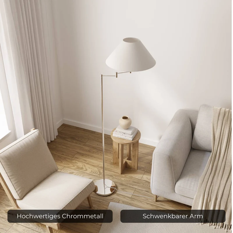 Elegante chromen vloerlamp met verstelbare arm en leesfunctie | Sansoti