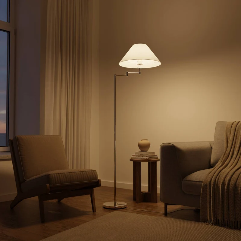 Elegante chromen vloerlamp met verstelbare arm en leesfunctie | Sansoti
