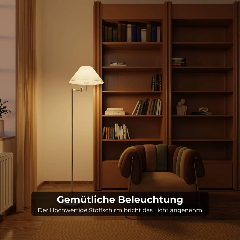 Elegante chromen vloerlamp met verstelbare arm en leesfunctie | Sansoti