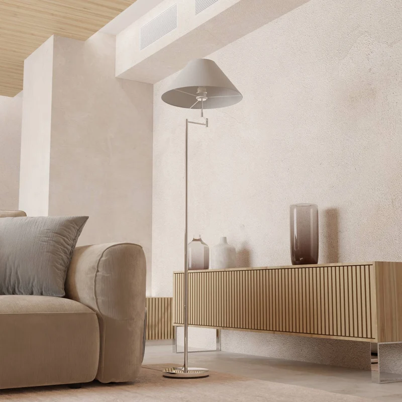 Elegante chromen vloerlamp met verstelbare arm en leesfunctie | Sansoti