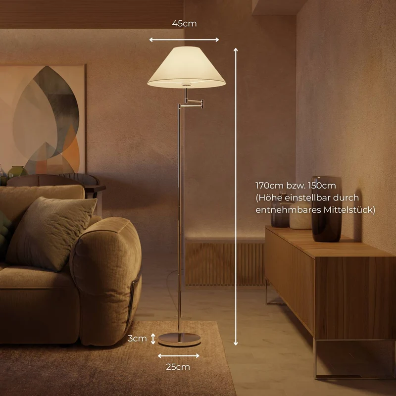 Elegante chromen vloerlamp met verstelbare arm en leesfunctie | Sansoti